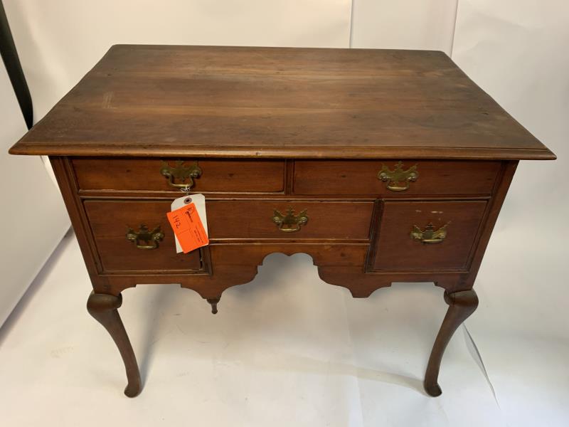 Queen Anne Low Boy 2 over 3 drawers, 3 board top with: 2 over 3 drawers, 3 board top with split top, screws and peg plugs on top, some scratches, pad foot, missing 1 drop finial, cut out scalloped sides, 28 1/2" t x 35 1/2" w x 23" top
