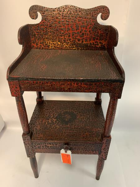 Country Wash Stand one drawer, heavy red and black: one drawer, heavy red and black crackle finish, cut out back, some staining, 39 1/2" t x 18" w x 14" d