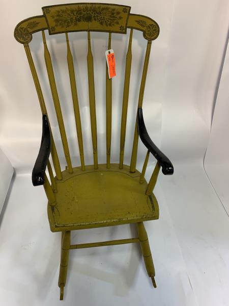 Boston Rocker arrow back, mustard color back, stenciled: arrow back, mustard color back, stenciled back, back crest has old repair, some scrapes, 42" to crest x 16" to top of seat