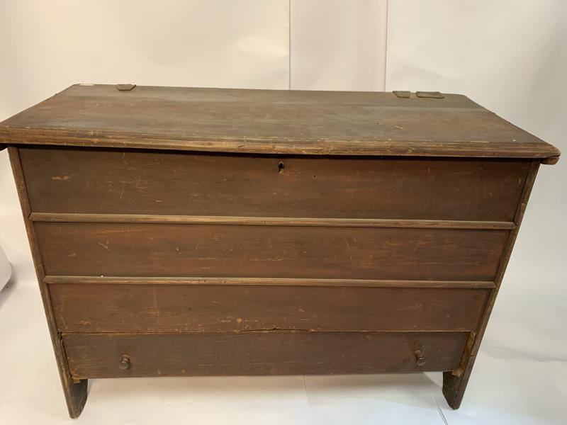 Blanket Chest lift top, one drawer, red paint old: lift top, one drawer, red paint old leather hinges and top reworked, boot jack ends, redone throughout chest, paint loss around key hole, 30" t x 42 1/2" w x 17 1/2" d