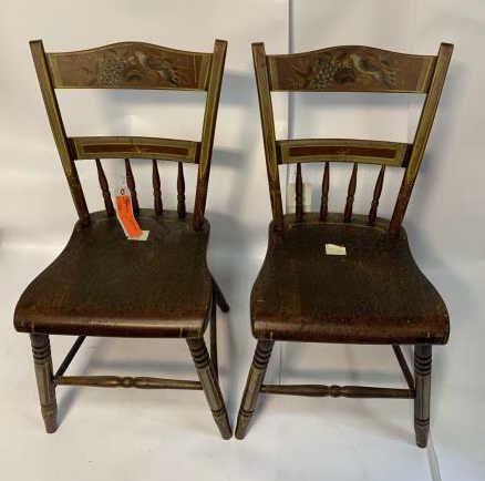 Pair of Windsor Side Chair stenciled, thumb back, bird: stenciled, thumb back, bird with grapes and leaf, 32" to crest and 16 1/2" to top of seat