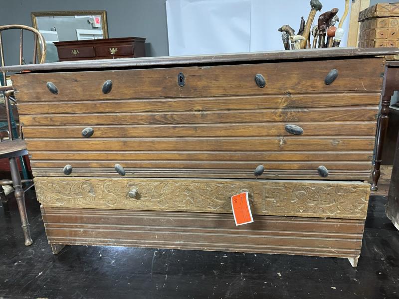 Blanket Chest, one drawer, lift top, applied: one drawer, lift top, applied decorations and carved lower drawer, pine, very rough, cut out ends, 31" t x 51" w x 17" d