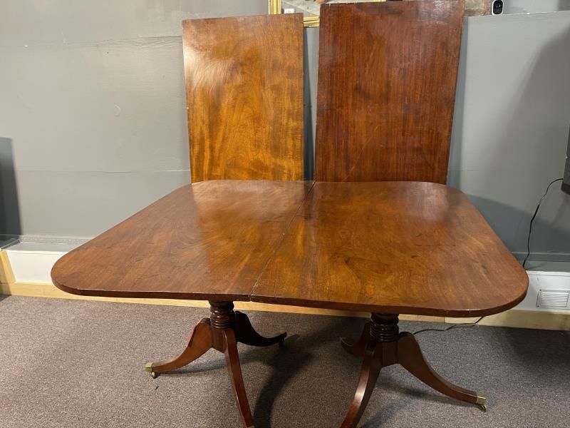 Banquet Table two sections, mahogany, brass capped: two sections, mahogany, brass capped feet, 2 leaves, some scratches, 28 1/2" t x 47 1/2" w x 25" leaves, 25" x 47 1/2"