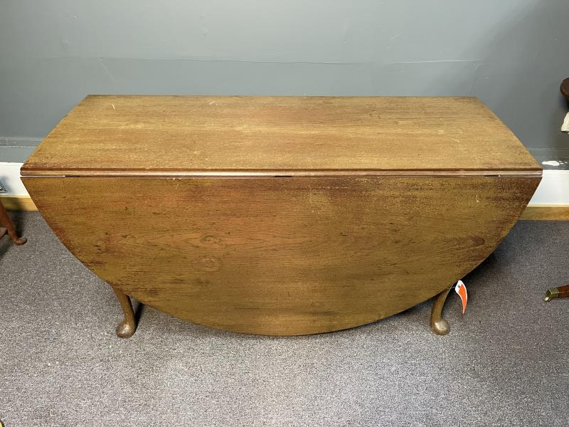 Queen Anne Table, drop leaf, walnut, swing leg, pad: drop leaf, walnut, swing leg, pad foot, huge leaves, only 2" off ground, cut out ends, scratches, 29 1/2" t x 56" x 64" top