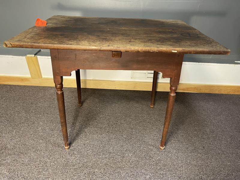 Tavern Table maple, button foot, cut out brackets, top: maple, button foot, cut out brackets, top has several cracks, some corners are gouged, scratches, 26 1/2" t x 25" x 34"