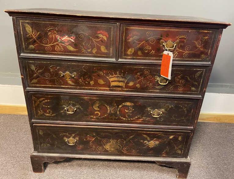 Blanket Chest pine, lift top, 2 drawers, painted with: pine, lift top, 2 drawers, painted with crown, urn and scroll design, snipe hinges, scratches on top and throughout, corners are nicked, bracket base, 36" t x 37" w x 19" d