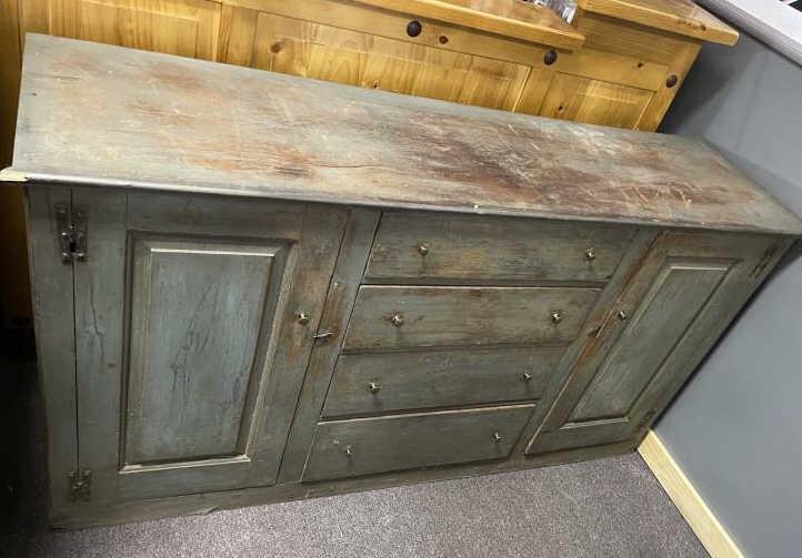 Kitchen Counter 4 drawers with 2 side paneled doors,: 4 drawers with 2 side paneled doors, worn finish, corner chip and missing molding, 38" t x 70 1/2" w x 19" d