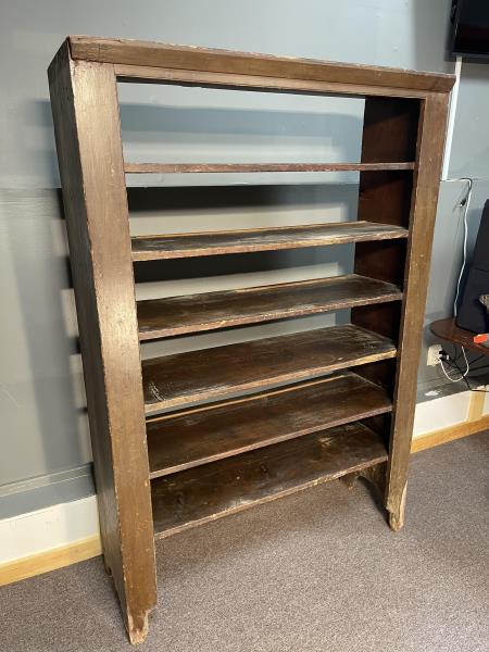 Bookcase with 6 shelves, missing part of feet and top: with 6 shelves, missing part of feet and top molding, gouges, scratches, losses, 70" x 47" w x 16" d