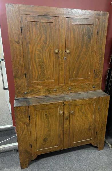 Step Back Cupboard grain painted, 4 doors, 2 drawers, 2: grain painted, 4 doors, 2 drawers, 2 piece stained, paint scratched, 75" x 47 1/2" w x 16" d