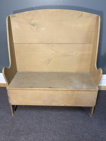 High Back Settle Bench, pine, light brown wash, 46" to: pine, light brown wash, 46" to top of back x 39 1/2" w x 10 1/2" d