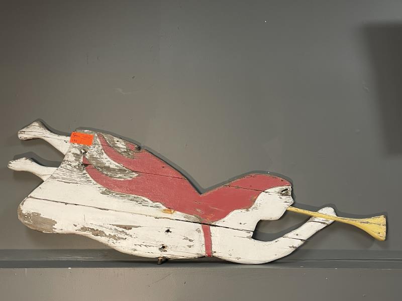 Gabriel Weathervane, carved and painted, weathered: weathered board with paint loss, 24" t x 70" l x 1" thick