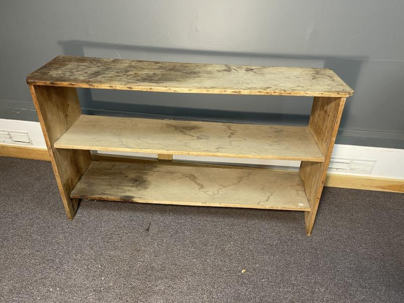 Bookcase maple, 3 shelves, red, cut out ends, water and: maple, 3 shelves, red, cut out ends, water and oil stains, old nail holes, 30" x 51 1/2" w x 13 1/2" d