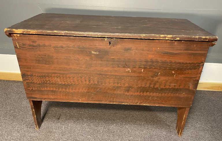 Blanket Chest, grain painted, pine, boot jack ends,: grain painted, pine, boot jack ends, lift top, cut out ends, old hinge holes on back and top, paint loss, scrapes and scratches, back of top is repaired, 28 1/2" t x 42" w x 19" d