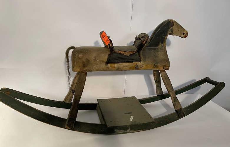 Child's Rocking Horse, painted, sponge painted, green: painted, sponge painted, green rockers, seat and overall condition is poor, neck repaired, front leg missing part, body cracked, 22" t x 47" w x 12" d