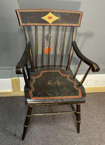 Windsor Arm Chair decorated, stenciled diamond back,: decorated, stenciled diamond back, red and yellow line design
