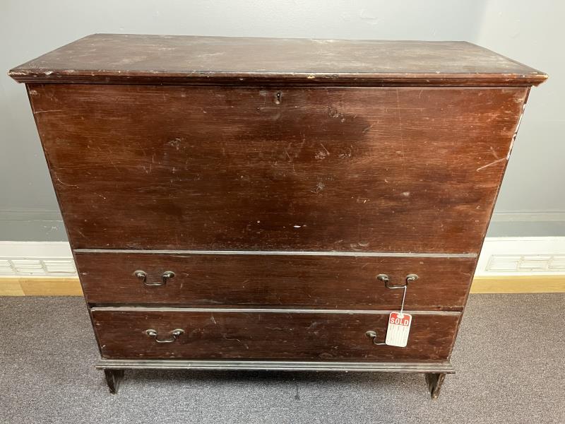 Blanket Chest, pine lift top, 2 drawers, dark brown: 2 drawers, dark brown wash, old repairs, scratches and paint loss, missing small piece of molding on upper right, 43" t x 43" w x 17"d
