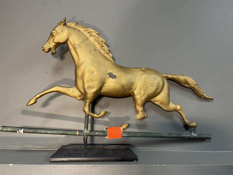 Running Horse Weathervane leg broken, gold painted,: leg broken, gold painted, some old repairs, 19" t x 32" long on base