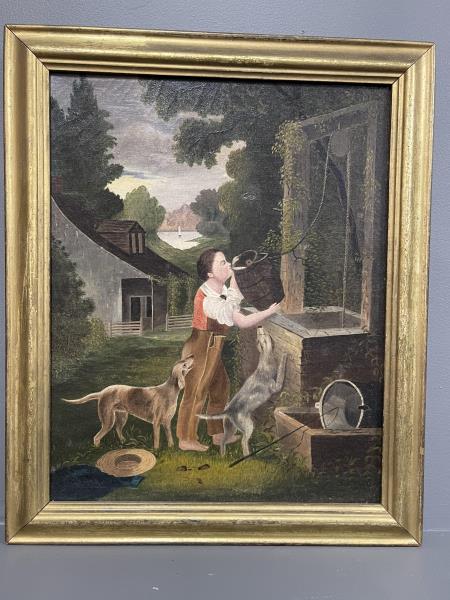Folk Art Painting Boy at Well with 2 dogs, small repair: Boy at Well with 2 dogs, small repair above bucket, light craquelure throughout, 14 1/2" t x 11 1/2" w plus 1 1/2" frame