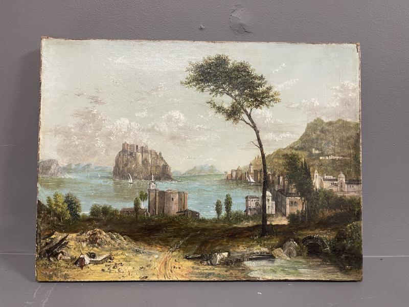 Oil on Canvas Painting, Lake - Sea Scene, repairs: Lake - Sea Scene, repairs throughout, relined, no frame, 12" t x 16" w