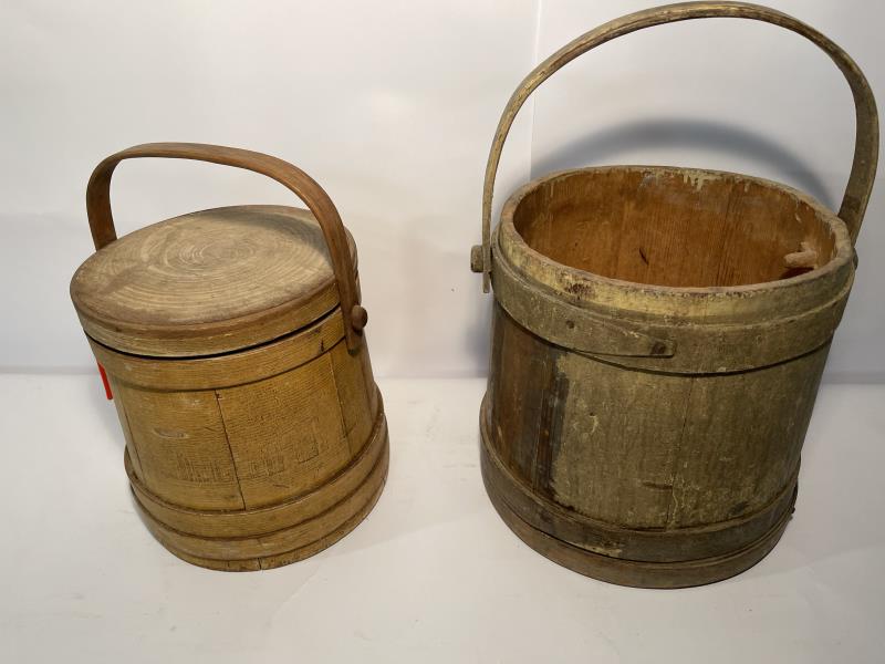 2 Firkins, firkin with cover is 10" t x 9" base dia;: firkin with cover is 10" t x 9" base dia; Firkin with no cover has pieces missing on top, poor paint, 10 1/2" t x 11 1/2" dia