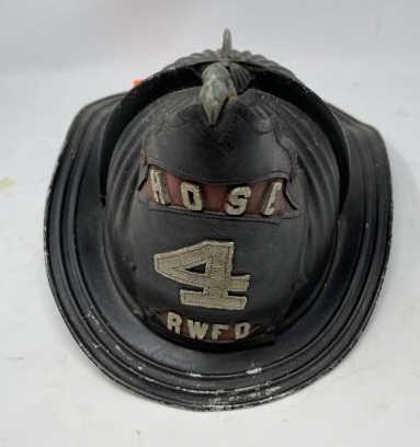 NY Fireman's Helmet, Hose 4 RWFD, Cairns & Bro, NY,: Hose 4 RWFD, Cairns & Bro, NY, initialed paint "L.H." on bottom and #7 of cat, leather in great shape, some worn paint and scratches throughout, 9" tall x 11" x 15"