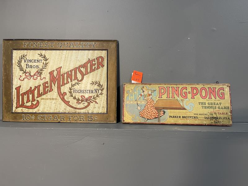 2 Advertising Signs, "Little Minister" and: "Little Minister" and "Ping-Pong"Ping Pong sign is paper and mounted on board, stained, damaged and Little Minister is a tin sign, mounted on frame, rusted and pitted