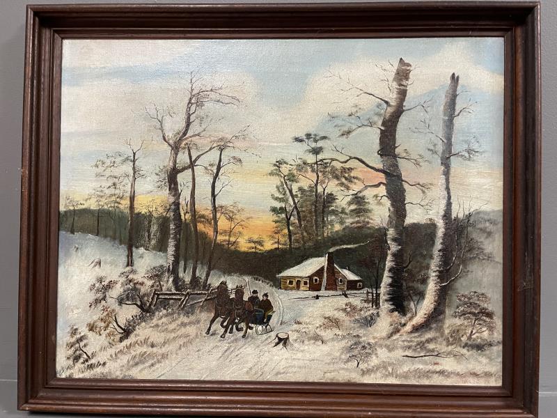 Painting, oil on canvas winter scene couple in sleigh,: winter scene couple in sleigh, signed lower right "KLEU? 92, "17" x 21 1/2" wide with 1 3/4" frame