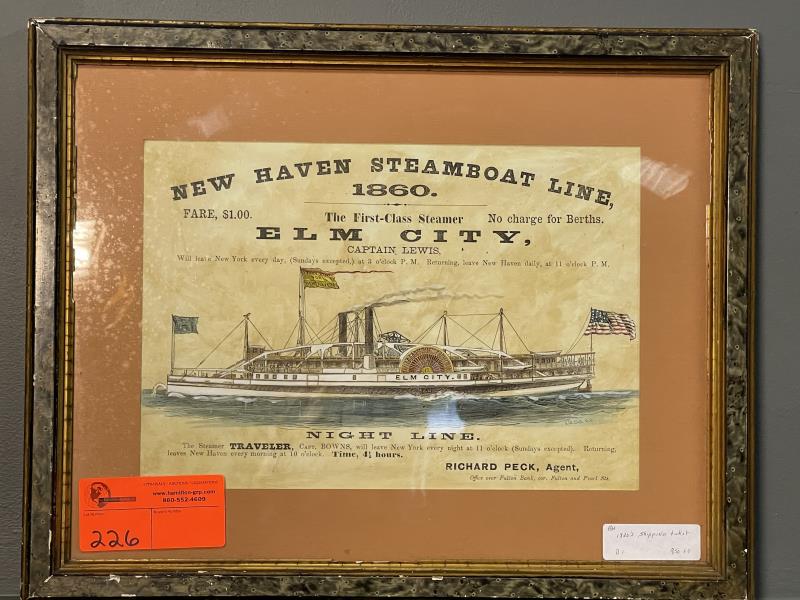 Advertising Sign New Haven Steam Boat Line 1869, color: New Haven Steam Boat Line 1869, color enhanced, not taken out of frame, may be mounted or glued, some stains, frame is in poor condition, 91 1/2" x 14" image size, overall 16" x 20"