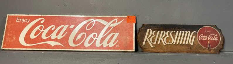 2 Coca-Cola Advertising Signs, Kay Display Inc, wooden,: Kay Display Inc, wooden, "Refreshing" Coca-Cola on oak boad with holes and splits, and tin coca-cola sign bent and scratched paint