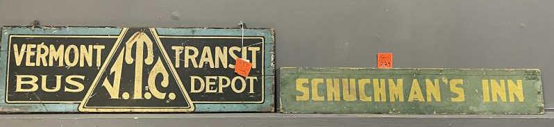 2 Signs Inn Sign "Schuchman's Inn" is cracked, 6 screws: Inn Sign "Schuchman's Inn" is cracked, 6 screws on front, 6 1/2" t x 36"w and Transit Sign "Vermont Transit Bus Depot" has cracks and scratches and paint loss, double sided, 11 1/2" x 36"
