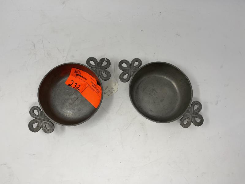 2 Pewter Porringers with ribbon handles, stamped on: with ribbon handles, stamped on inside of bowl, 2" tall x 8 1/2" x 5"