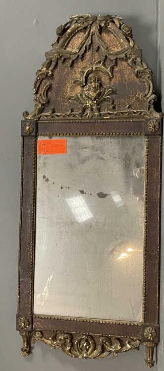 Early Mirror, applied scroll carving, rosettes, carved: applied scroll carving, rosettes, carved bust and drape on crest, missing some scrolled carving on crest and worn throughout, damage to mirror, 48" t x 19 1/2" w