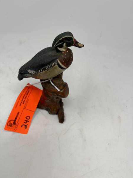 Decoy Mallard carved on stump, no maker, modern, 8" t: carved on stump, no maker, modern, 8" t
