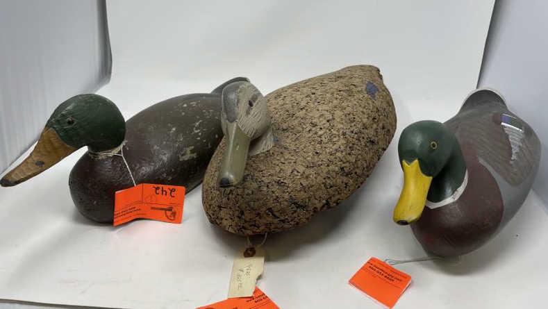 3 Duck Decoys cork body, 1 Mallard signed Charles Joles: cork body, 1 Mallard signed Charles Joles