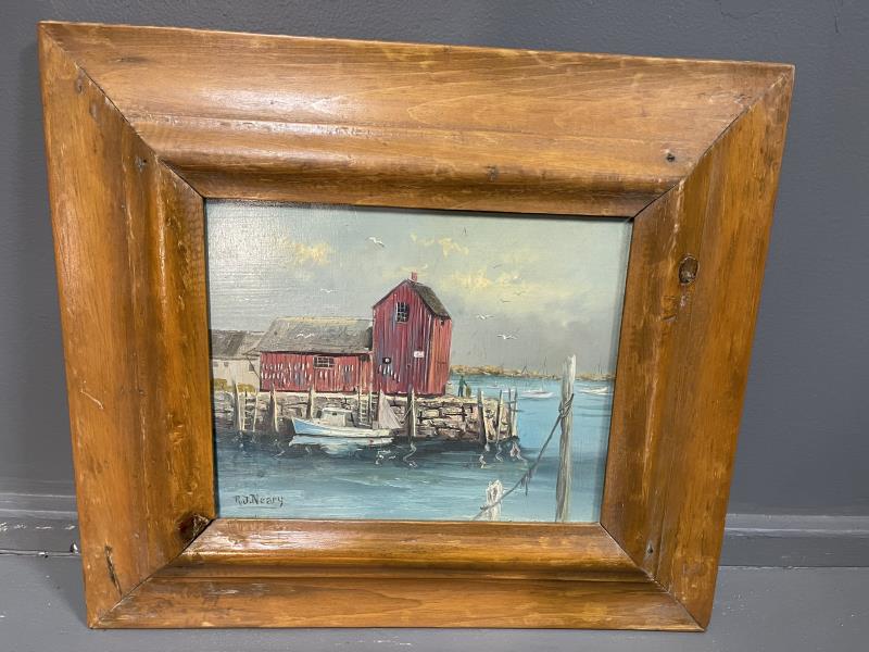 Oil on Board Painting by Robert J. Neary, Motif # 1,: by Robert J. Neary, Motif # 1, signed lower left and also label on reverse.Inside the frame painting is 9.5"w x 7 3/4" tWith Frame: 16.5"w x 14 3/4t