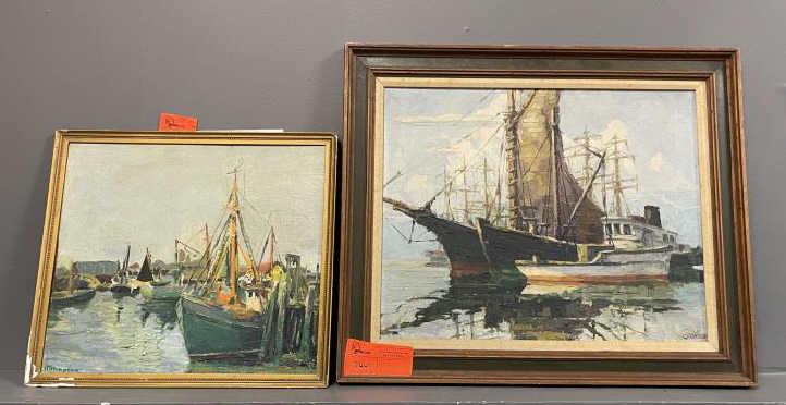2 Oil on Board Paintings signed lower left by Helen T.: signed lower left by Helen T. Stimtson, signed lower right Cookson by S.A. Cookson, ship scene, 13 1/2" x 15 1/2" plus 1"