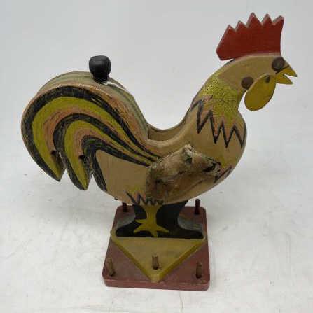 Folk Art Sewing Rooster decorated and painted, cloth: decorated and painted, cloth wings, material is torn, 10 1/2" t x 9" long x 5" x 4 1/2" base