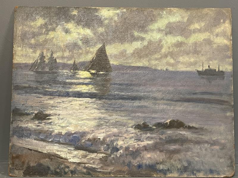 Seascape by S.M. Palmer, oil on masonite, signed L.P.L.: oil on masonite, signed L.P.L. 20" t x 26"d