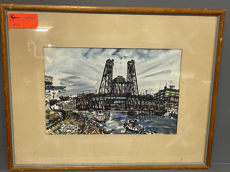 Watercolor of Tug Boat in harbor by Nora, 1950, signed: in harbor by Nora, 1950, signed lower right Nora Zweybruick, 1950, image is 13" x 20 1/2" plus 6" mat and frame, mat is discolored