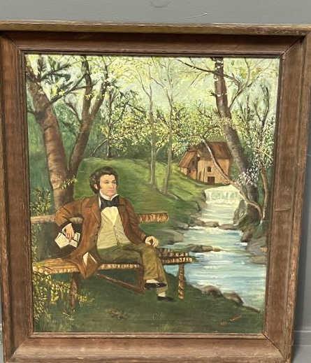Folk Art Oil on Canvas Painting, gentleman by stream,: gentleman by stream, signed lower right Cel Salsen, strecher marks, old repair 6" upper right - trees, 23 1/2" t x 19" w plus 2 1/2" frame
