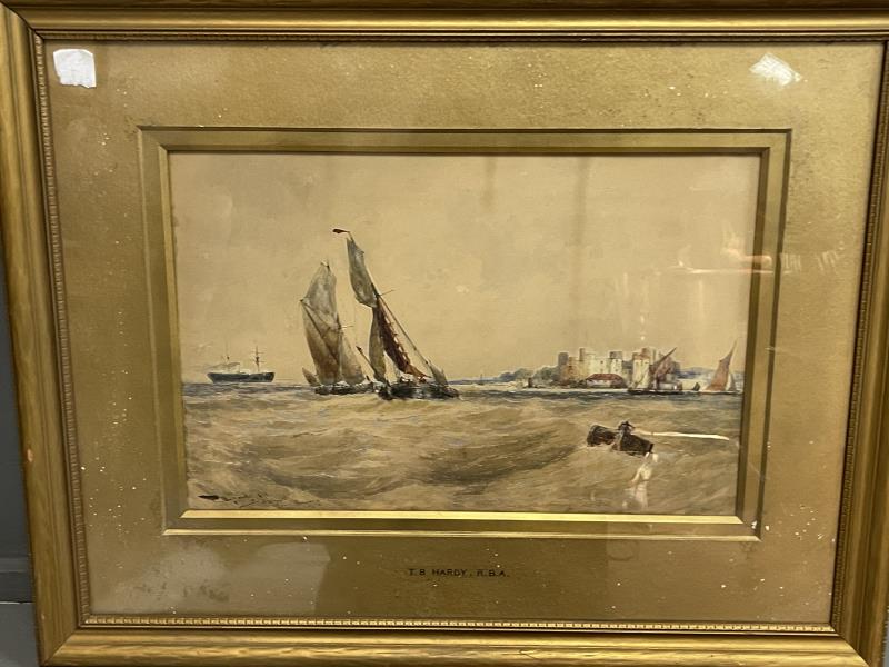 Watercolor by T.B. Hardy Sailboats in rough sea, signed: Sailboats in rough sea, signed lower left T.B. Hardy 1891, and signed on mat, mat is in poor condition and frame is in poor condition, some line staining, 5" and 12" lines (in center) and 12 1/2" x 19