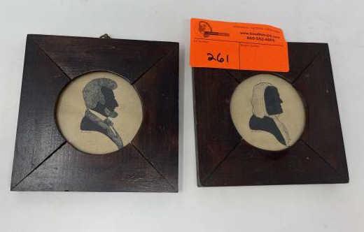 Pair of Silhouette Portraits by Demors male and female,: male and female, 3" oval and frame 5 3/4" square