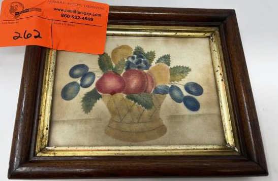 Theorem Painting of Basket of Fruit, in black walnut: in black walnut frame, some discoloration, 4 1/4" t x 5 3/4" w plus 1" frame