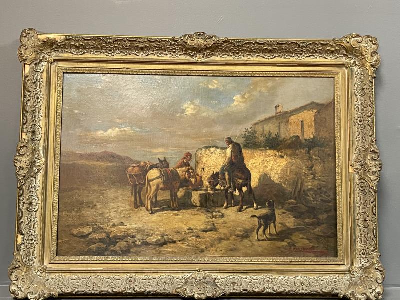 Painting, oil on canvas by J. Califone donkeys and: donkeys and riders, very dirty and fine craquelure, signed lower right, 19 1/2" t x 25 1/2" w plus 5" frame, frame missing upper left corner and other pieces, 5"