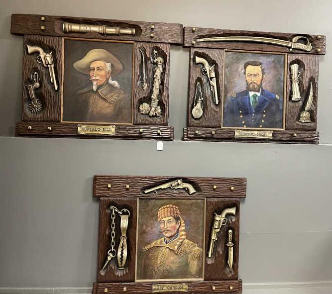 Set of 3 Paintings, 1 Buffalo Bill, 2 - General Grant,: 1 Buffalo Bill, 2 - General Grant, 3 - Kit Carson by J.M. Flagg, very good condition overall, signed on front lower right J.M. Flagg 54, original painting by James M Flagg, Scottsdale, AZ 24" x 20"; G