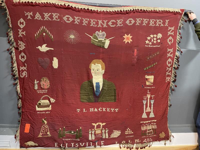 Wall Hanging, The Priest Carrying The Ark over Jordan,: The Priest Carrying The Ark over Jordan, The Priest Carrying The Ark over Jordan, T.L. Ellysville City of Jericho, No 485 - cloth material, damaged throughout, 80" w x 65" l