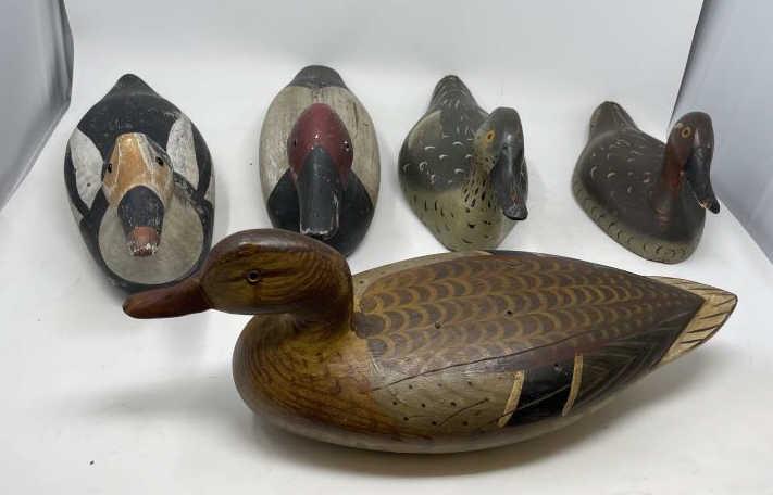 Group of 5 Duck Decoys, 1 stamped J.S. Rig: 1 stamped J.S. Rig