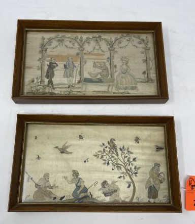 2 Crewel Work Miniature Pictures picture with columns: picture with columns has a lot of missing cloth, 1 in poor condition, 4 1/2" x 9 1/2" plus 1/2" frame