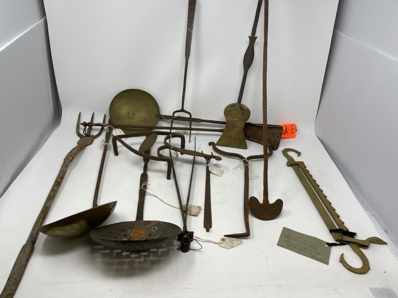 Lot of 13 Assorted Fireplace Utensils iron forks,: iron forks, dippers, trivet trammel, spatula, forks, pipe tongs, slotted ladle