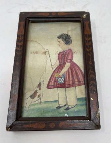 Miniature Watercolors girl and dog Ella Austin December: girl and dog Ella Austin December 1862, inscribed on back, water stained, frame has hand painted flowers, 5 3/4" t x 3 1/4" plus 1/2" frame, old repairs to frame